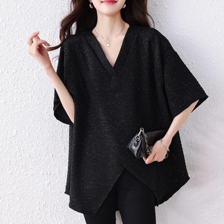 BY12904# 高级感V领长袖T恤夏季大码胖mm女装洋气宽松中长款遮肚上衣 服裝批發女裝批發服飾貨源