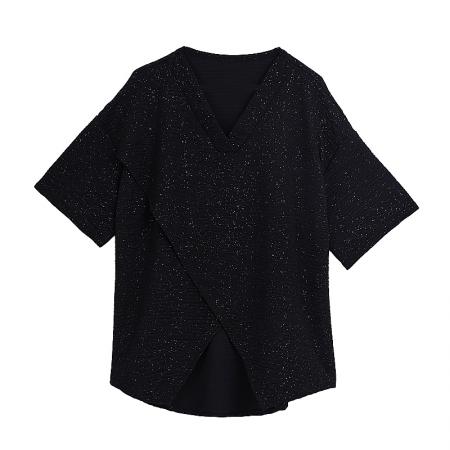 BY12904# 高级感V领长袖T恤夏季大码胖mm女装洋气宽松中长款遮肚上衣 服裝批發女裝批發服飾貨源