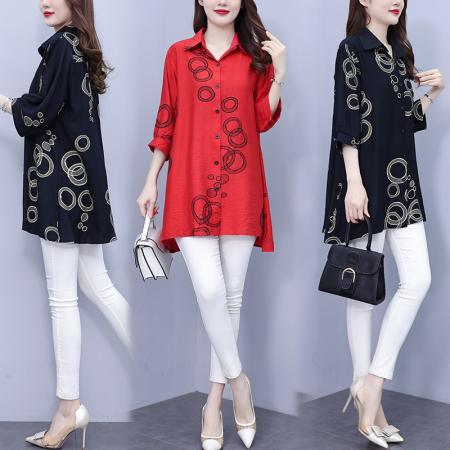 BY12906# 大码女装夏装新款洋气印花时尚胖MM气质衬衣休闲宽松型上衣 服裝批發女裝批發服飾貨源