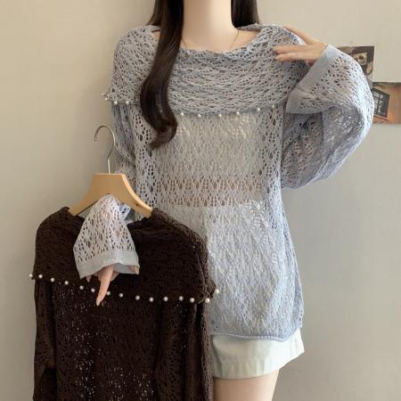 BY12908# 高级感一字肩卡其色镂空针织衫女夏大码胖mm中长款慵懒风上衣 服裝批發女裝批發服飾貨源