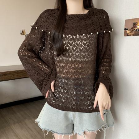 BY12908# 高级感一字肩卡其色镂空针织衫女夏大码胖mm中长款慵懒风上衣 服裝批發女裝批發服飾貨源