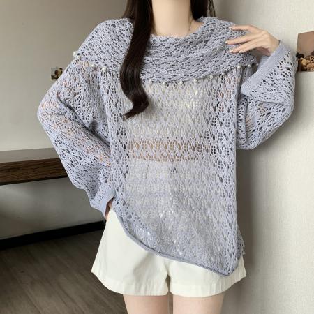 BY12908# 高级感一字肩卡其色镂空针织衫女夏大码胖mm中长款慵懒风上衣 服裝批發女裝批發服飾貨源