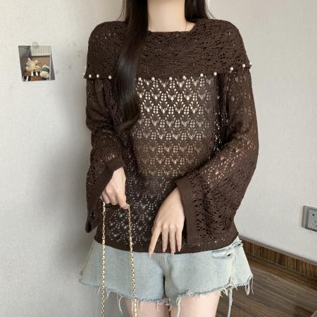 BY12908# 高级感一字肩卡其色镂空针织衫女夏大码胖mm中长款慵懒风上衣 服裝批發女裝批發服飾貨源