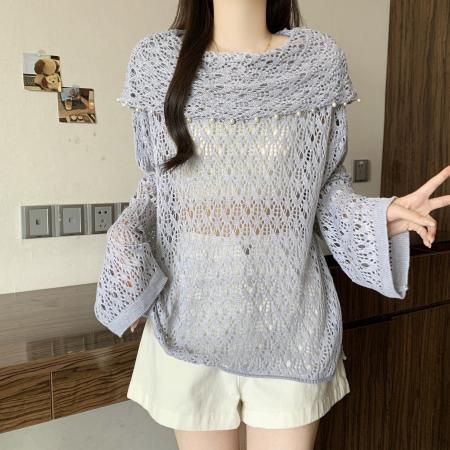 BY12908# 高级感一字肩卡其色镂空针织衫女夏大码胖mm中长款慵懒风上衣 服裝批發女裝批發服飾貨源