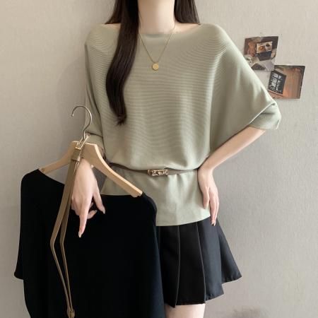 BY12909# 短袖T恤女春夏大码胖mm设计感中长款掐腰不规则腰带针织上衣 服裝批發女裝批發服飾貨源