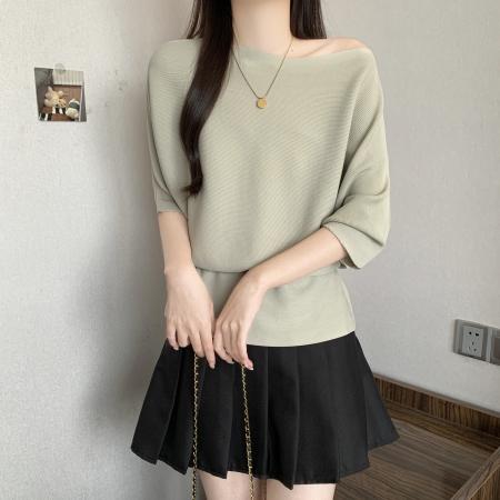 BY12909# 短袖T恤女春夏大码胖mm设计感中长款掐腰不规则腰带针织上衣 服裝批發女裝批發服飾貨源