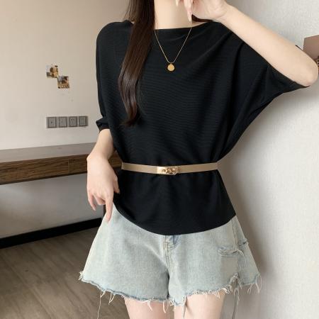 BY12909# 短袖T恤女春夏大码胖mm设计感中长款掐腰不规则腰带针织上衣 服裝批發女裝批發服飾貨源
