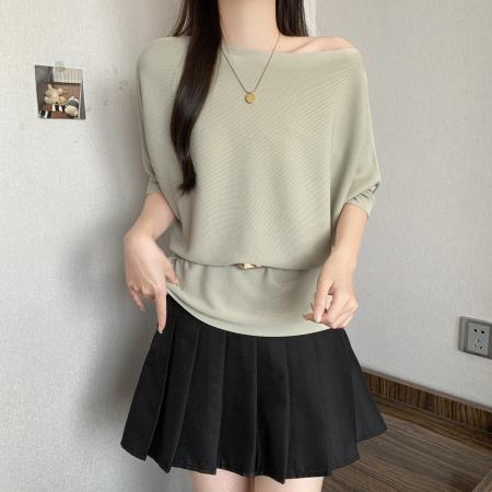 BY12909# 短袖T恤女春夏大码胖mm设计感中长款掐腰不规则腰带针织上衣 服裝批發女裝批發服飾貨源