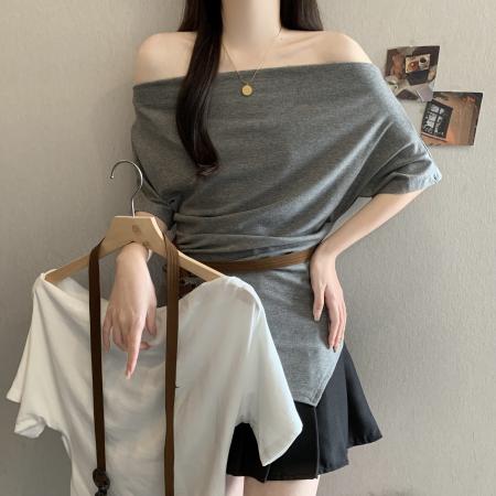 大码胖mm不规则一字肩上衣女夏...