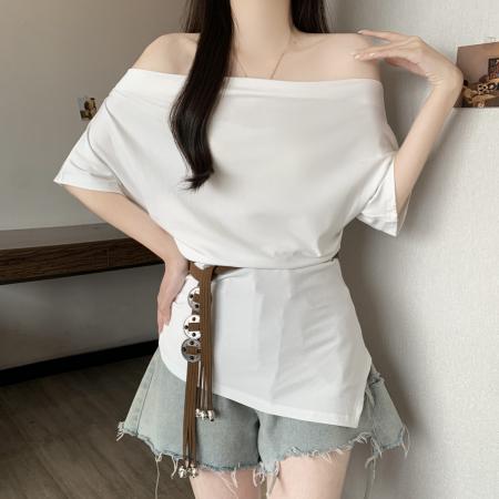 BY12910# 大码胖mm不规则一字肩上衣女夏季显瘦宽松纯欲风露肩短袖腰带t恤 服裝批發女裝批發服飾貨源