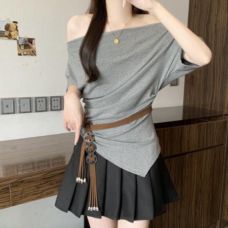 BY12910# 大码胖mm不规则一字肩上衣女夏季显瘦宽松纯欲风露肩短袖腰带t恤 服裝批發女裝批發服飾貨源