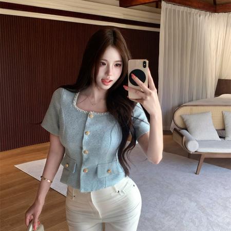 BY12912# 法式千金风重工钉珠方领短袖衬衫亮片气质修身显瘦上衣 服裝批發女裝批發服飾貨源