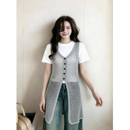 BY12913# 夏季新款多巴胺超仙时尚镂空V领背心裙叠穿短袖T恤真两件套 服裝批發女裝批發服飾貨源