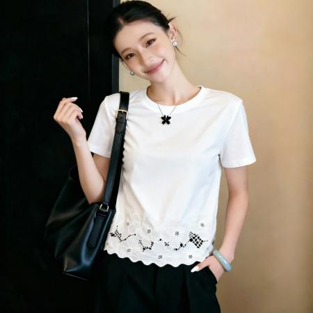 BY12916# 夏季新款法式蕾丝花边下摆拼接圆领显瘦纯色短袖T恤上衣女 服裝批發女裝批發服飾貨源