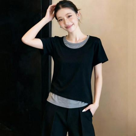 BY12918# 夏季新款日常休闲宽松遮肚拼接假两件短袖T恤上衣女 服裝批發女裝批發服飾貨源