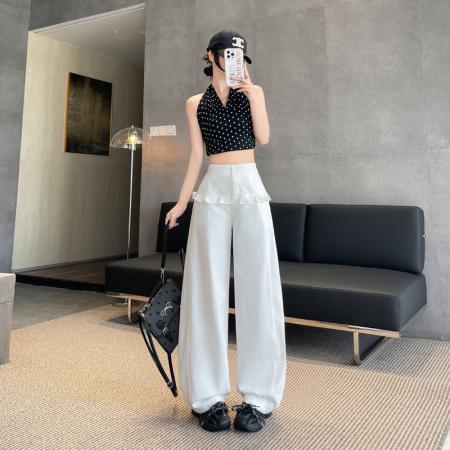 BY12920# 仿牛仔阔腿裤女春夏新款木耳边设计宽松显瘦休闲弯刀裤 服裝批發女裝批發服飾貨源