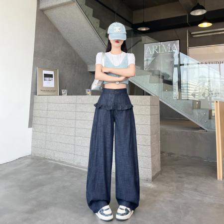 BY12920# 仿牛仔阔腿裤女春夏新款木耳边设计宽松显瘦休闲弯刀裤 服裝批發女裝批發服飾貨源