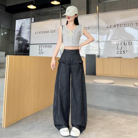 BY12920# 仿牛仔阔腿裤女春夏新款木耳边设计宽松显瘦休闲弯刀裤 服裝批發女裝批發服飾貨源