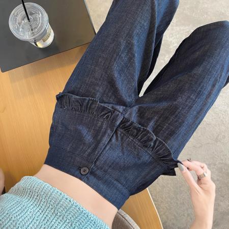 BY12920# 仿牛仔阔腿裤女春夏新款木耳边设计宽松显瘦休闲弯刀裤 服裝批發女裝批發服飾貨源