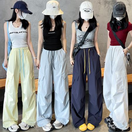 BY12921# 大口袋速干工装裤女春夏糖果撞色冰丝伞兵户外美式运动裤 服裝批發女裝批發服飾貨源