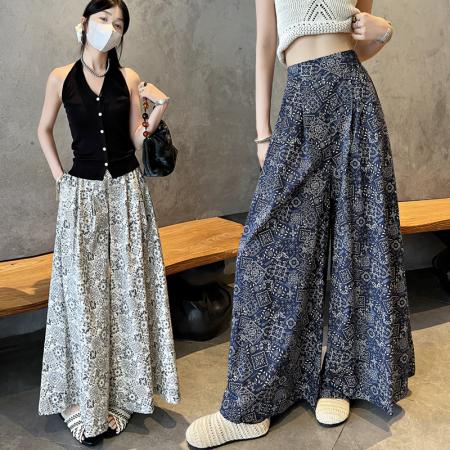 BY12922# 重工法式复古印花阔腿裙裤女夏季新款A字阔腿九分大腿裤 服裝批發女裝批發服飾貨源