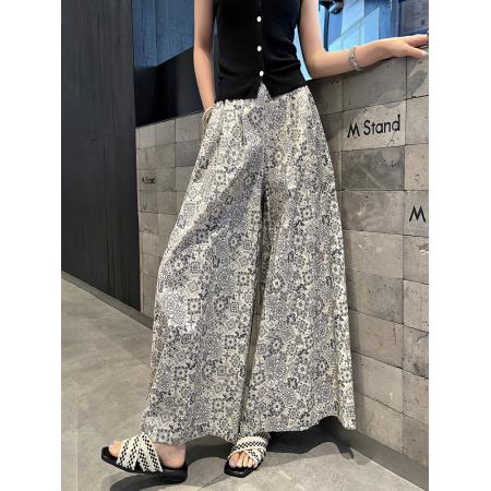 BY12922# 重工法式复古印花阔腿裙裤女夏季新款A字阔腿九分大腿裤 服裝批發女裝批發服飾貨源
