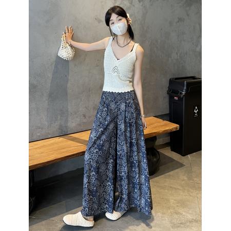 BY12922# 重工法式复古印花阔腿裙裤女夏季新款A字阔腿九分大腿裤 服裝批發女裝批發服飾貨源
