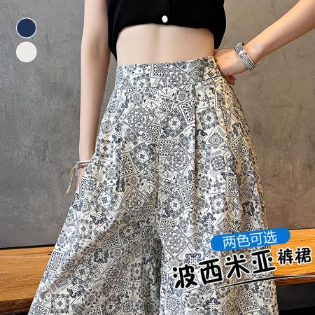 BY12922# 重工法式复古印花阔腿裙裤女夏季新款A字阔腿九分大腿裤 服裝批發女裝批發服飾貨源