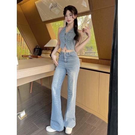 BY12924# 时尚重工满天星闪钻马甲背心牛仔裤两件套 服裝批發女裝批發服飾貨源