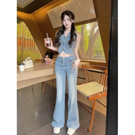 BY12924# 时尚重工满天星闪钻马甲背心牛仔裤两件套 服裝批發女裝批發服飾貨源