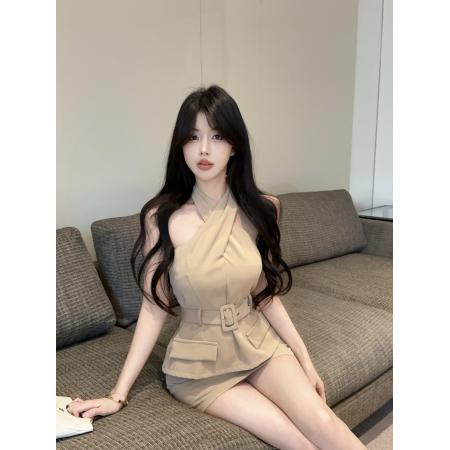 BY12926# 纯欲收腰交叉挂脖上衣+包臀半身裙套装 服裝批發女裝批發服飾貨源