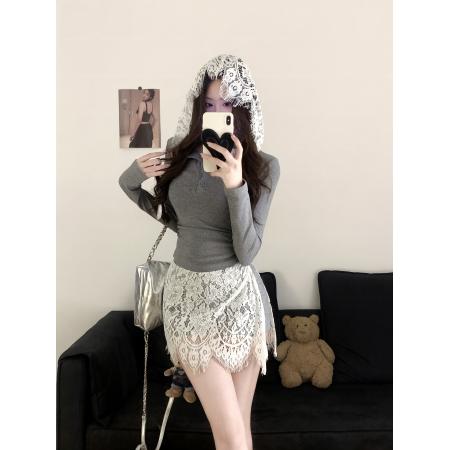 BY12927# 连帽假两件上衣高腰A字蕾丝半身裙两件套 服裝批發女裝批發服飾貨源