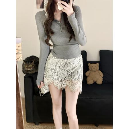 BY12927# 连帽假两件上衣高腰A字蕾丝半身裙两件套 服裝批發女裝批發服飾貨源