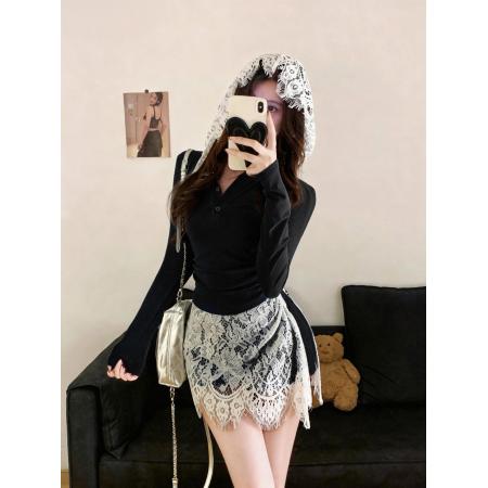 BY12927# 连帽假两件上衣高腰A字蕾丝半身裙两件套 服裝批發女裝批發服飾貨源