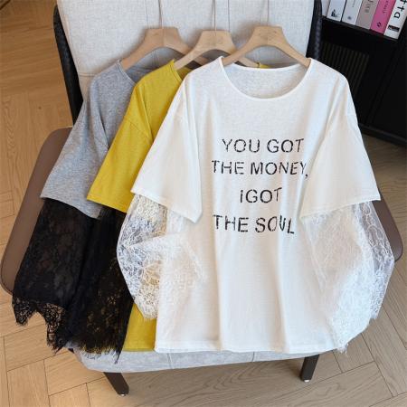 大码女装蕾丝拼接圆领短袖设计感...