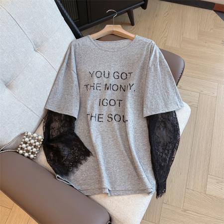 BY12932# 大码女装蕾丝拼接圆领短袖设计感T恤胖mm宽松上衣简约防晒衣 服裝批發女裝批發服飾貨源