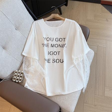 BY12932# 大码女装蕾丝拼接圆领短袖设计感T恤胖mm宽松上衣简约防晒衣 服裝批發女裝批發服飾貨源