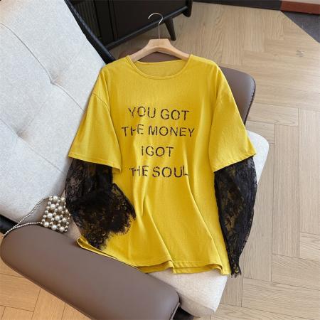 BY12932# 大码女装蕾丝拼接圆领短袖设计感T恤胖mm宽松上衣简约防晒衣 服裝批發女裝批發服飾貨源