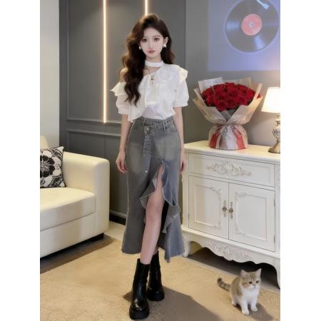 BY12933# 夏季新款高级感纯欲风荷叶边露肩上衣牛仔裙独特漂亮两件套女 服裝批發女裝批發服飾貨源