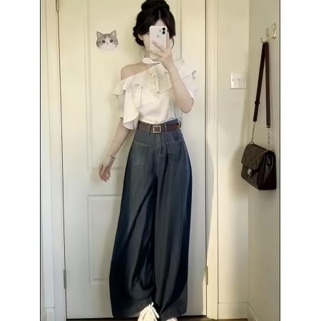 BY12934# 韩系一整套ootd穿搭露肩荷叶边上衣高腰阔腿裤女夏两件套显瘦套装 服裝批發女裝批發服飾貨源
