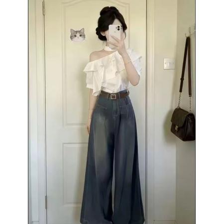 BY12934# 韩系一整套ootd穿搭露肩荷叶边上衣高腰阔腿裤女夏两件套显瘦套装 服裝批發女裝批發服飾貨源