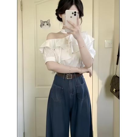 BY12934# 韩系一整套ootd穿搭露肩荷叶边上衣高腰阔腿裤女夏两件套显瘦套装 服裝批發女裝批發服飾貨源