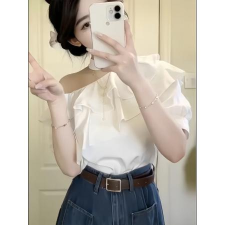 BY12934# 韩系一整套ootd穿搭露肩荷叶边上衣高腰阔腿裤女夏两件套显瘦套装 服裝批發女裝批發服飾貨源