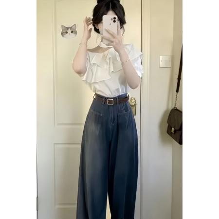 BY12934# 韩系一整套ootd穿搭露肩荷叶边上衣高腰阔腿裤女夏两件套显瘦套装 服裝批發女裝批發服飾貨源