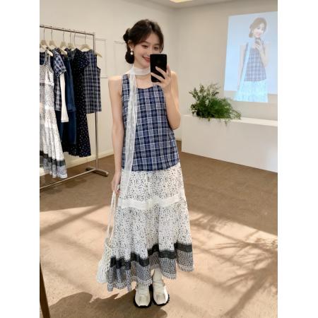 法式度假风套装夏搭配一整套格纹无袖背心围脖波点半身裙子套装女 服裝批發女裝批發服飾貨源