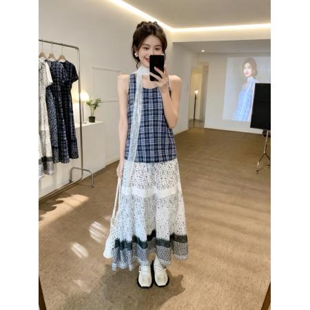 BY12936# 法式度假风套装夏搭配一整套格纹无袖背心围脖波点半身裙子套装女 服裝批發女裝批發服飾貨源
