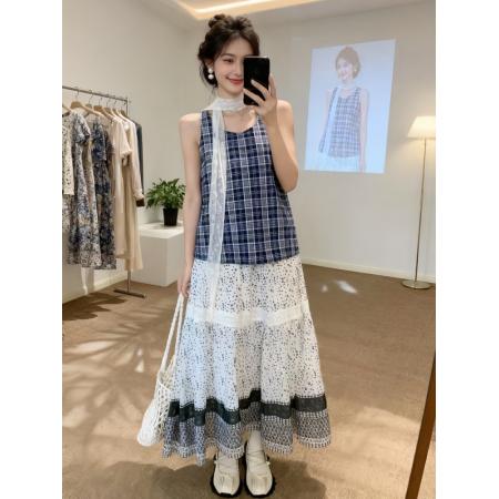 BY12936# 法式度假风套装夏搭配一整套格纹无袖背心围脖波点半身裙子套装女 服裝批發女裝批發服飾貨源