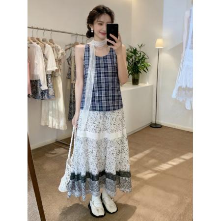 BY12936# 法式度假风套装夏搭配一整套格纹无袖背心围脖波点半身裙子套装女 服裝批發女裝批發服飾貨源