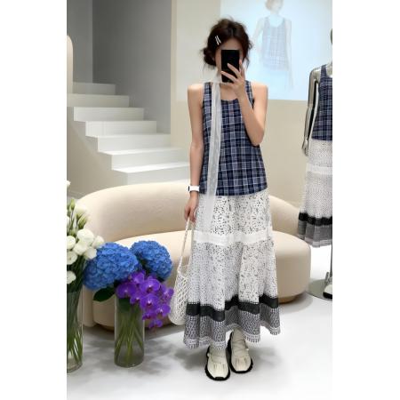 BY12936# 法式度假风套装夏搭配一整套格纹无袖背心围脖波点半身裙子套装女 服裝批發女裝批發服飾貨源