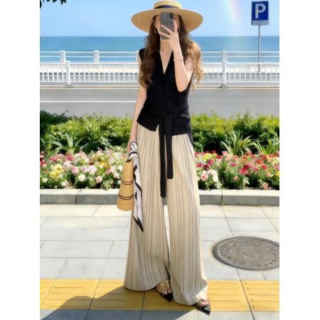 大方得体穿搭一整套巨好看的设计感绑带掐腰上衣阔腿裤两件套装女 服裝批發女裝批發服飾貨源